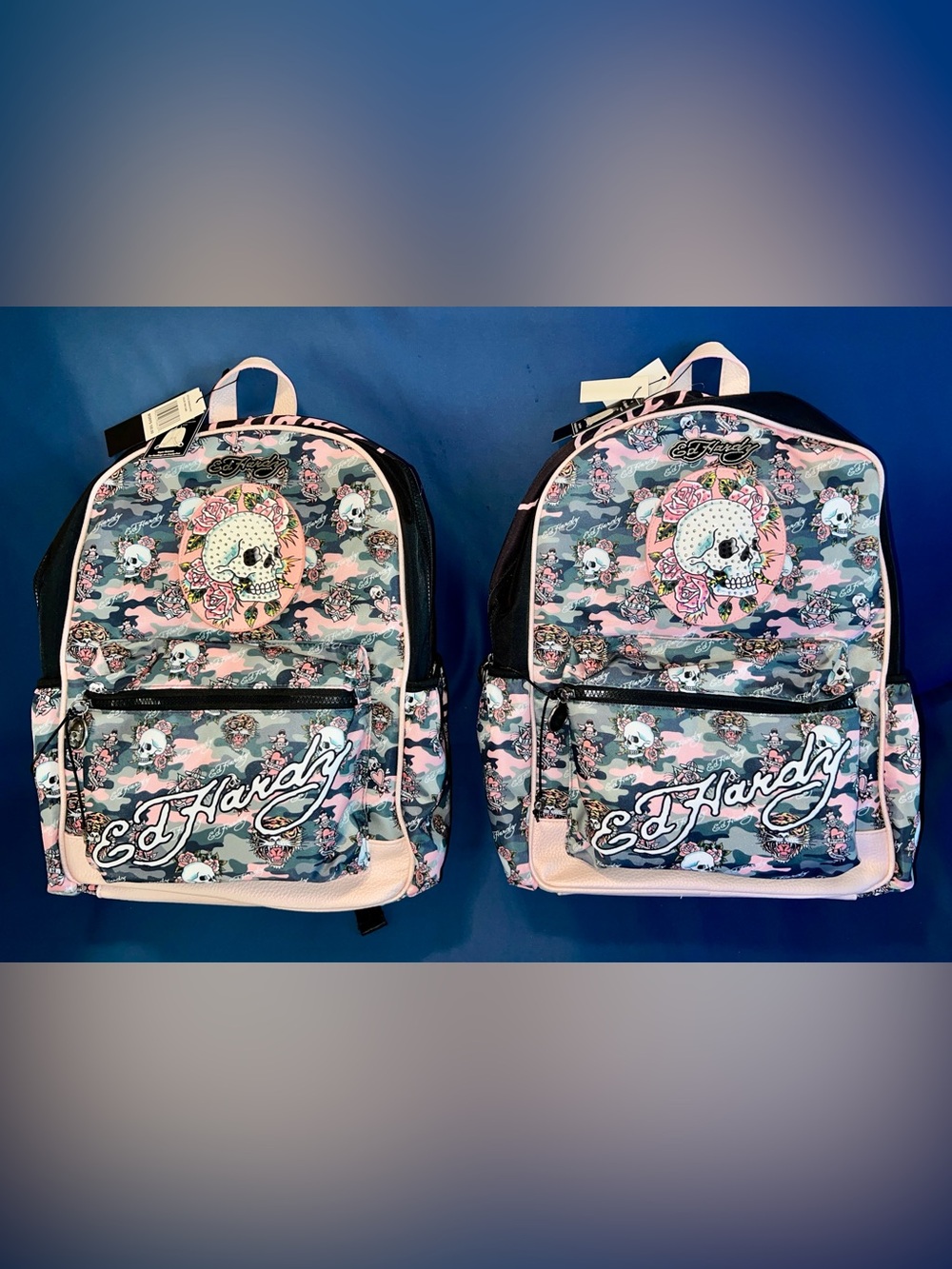 (2) Ed Hardy Pink & Gray Skull Camo Backpacks ✌🏻🎒☠️🔥NWT!